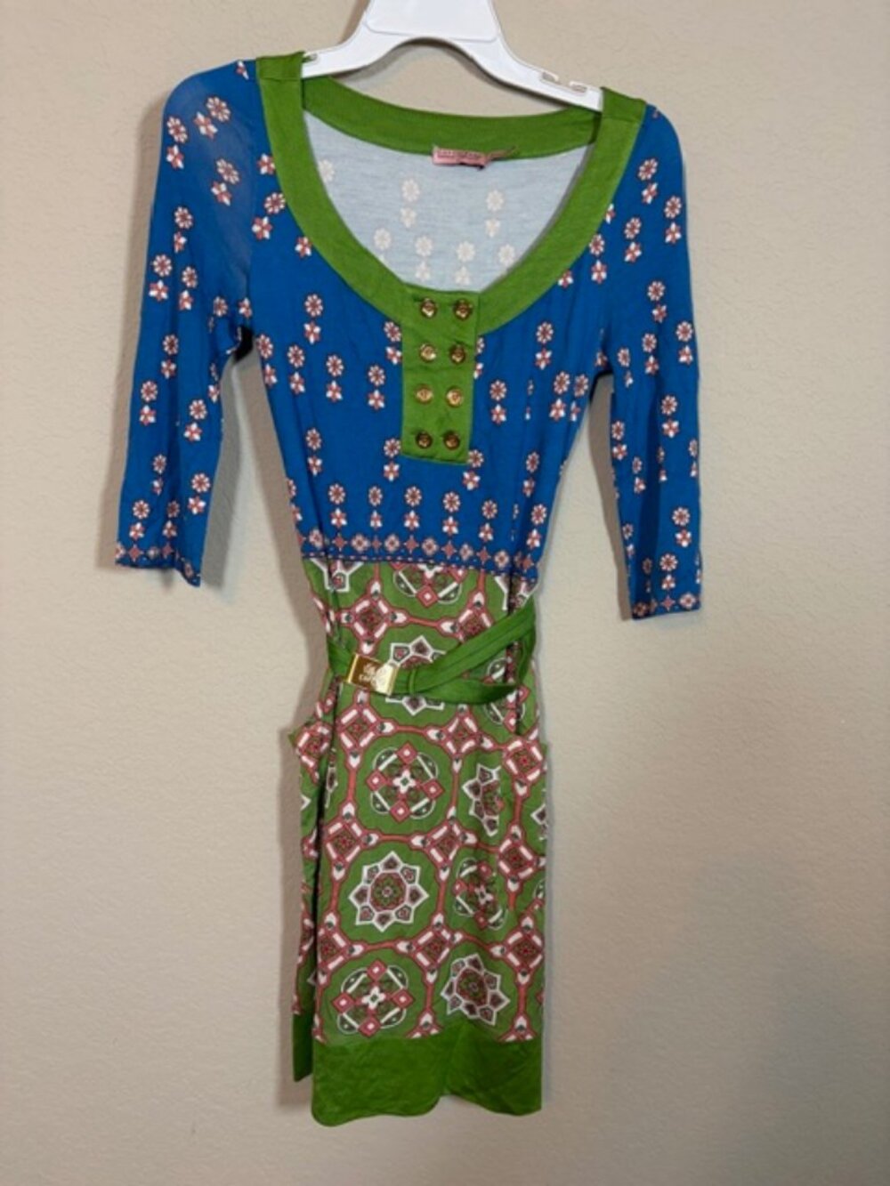 Juicy Couture Silk Blend Squash Jackie Print 3/4 Sleeve Dress Green Blue sz P